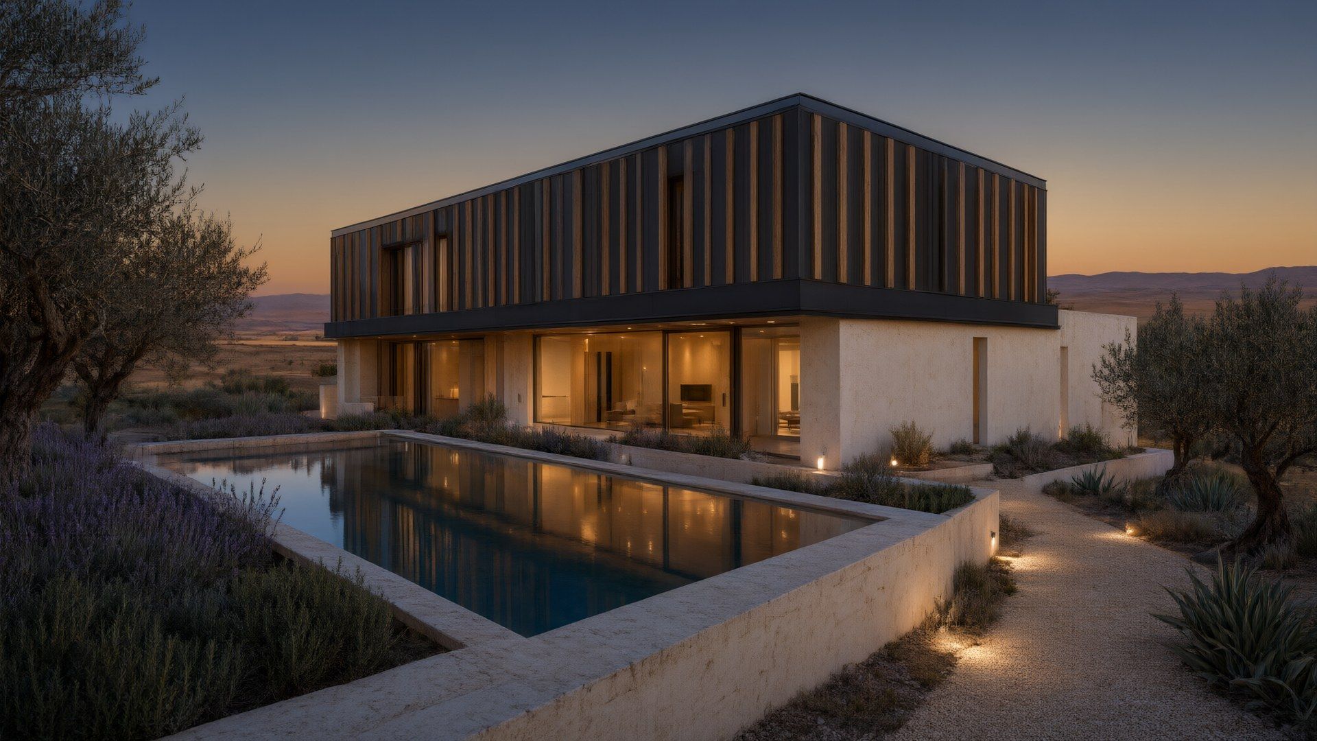 Visualización conceptual con IA: chalet de fachada de madera al atardecer