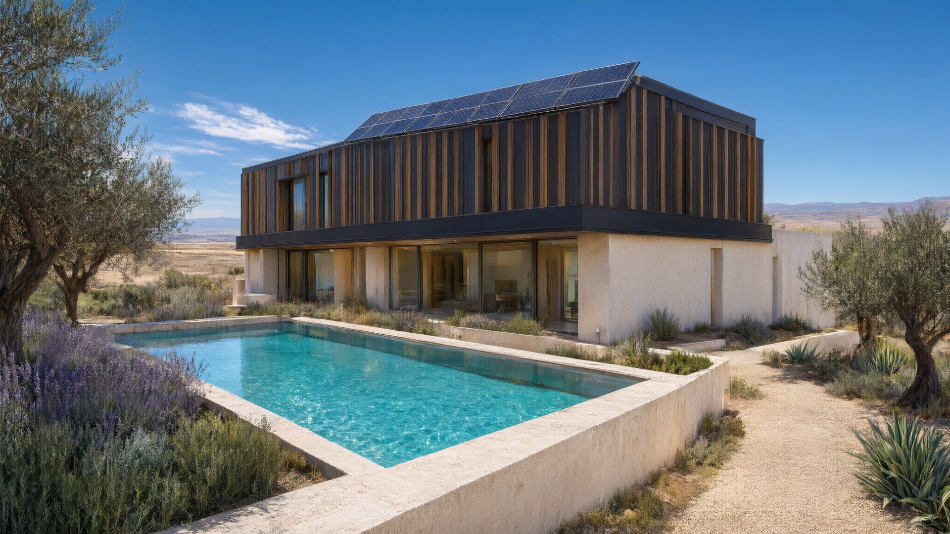 Recreación ilustrativa con IA: chalet con placas solares en la cubierta a mediodía