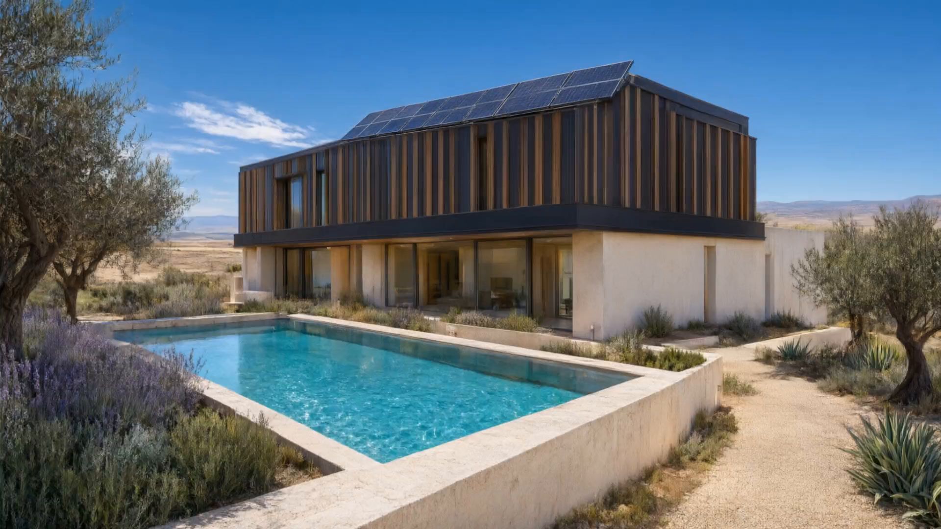 Recreación ilustrativa con IA: cubierta de un chalet con placas solares a mediodía junto a la piscina